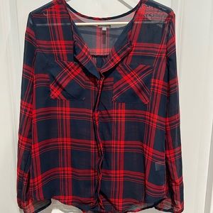 Charlotte Russe plaid long sleeve shirt with button up sleeves, Sz S